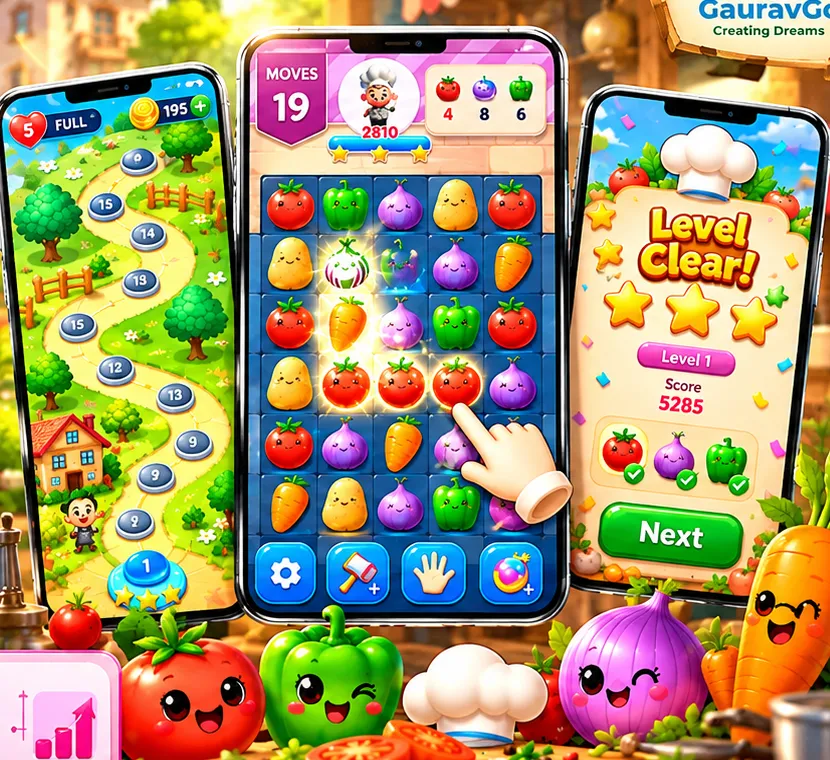 Match Chop & Cook vegetable puzzle gameplay and smiling vegetable characters